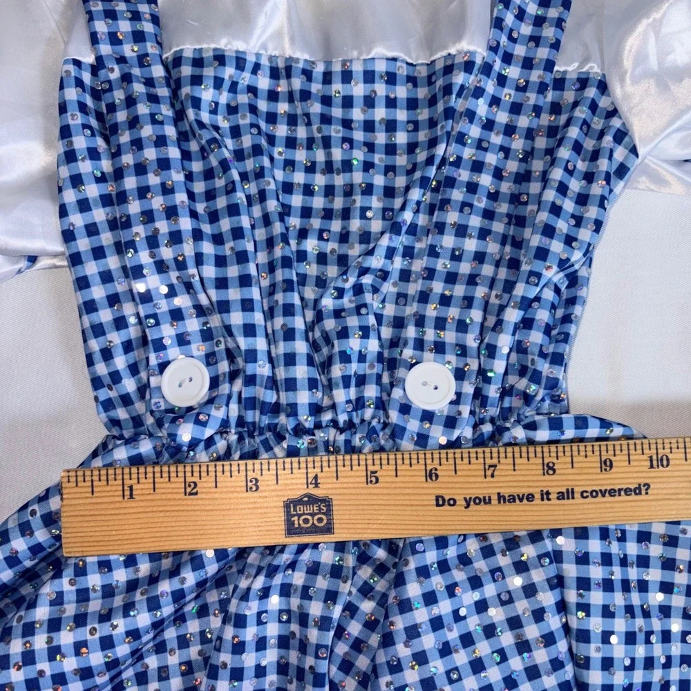 Rubies gingham wizard of oz Pinafore Dress Kids Blue Sequin Lace Trim Costume m